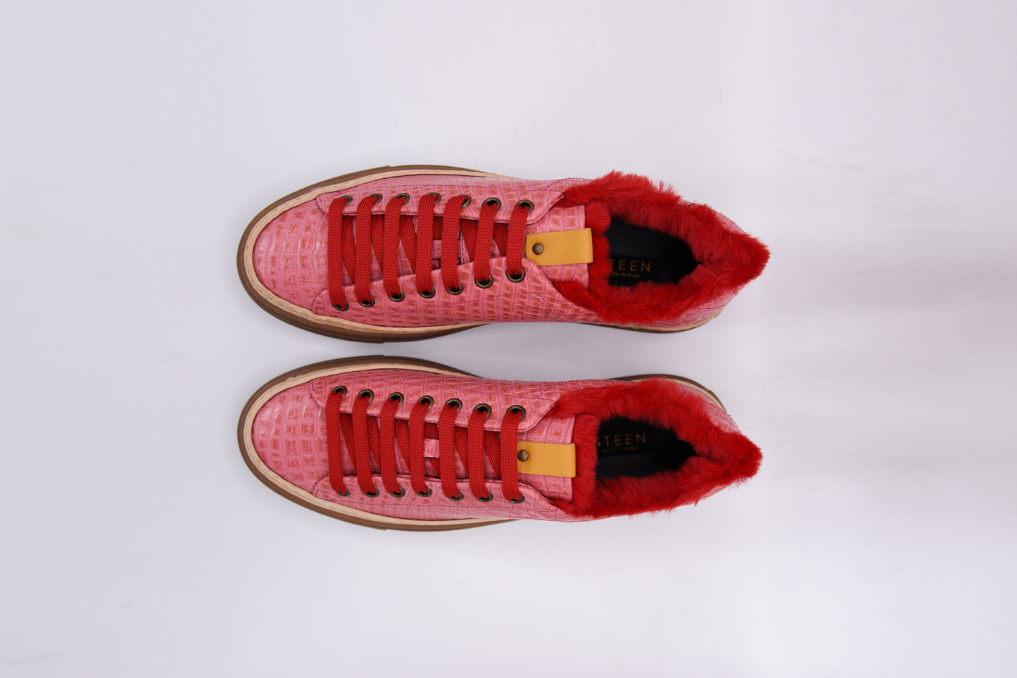 Women’s Pink Leather Sneakers with Red Eco-Fur