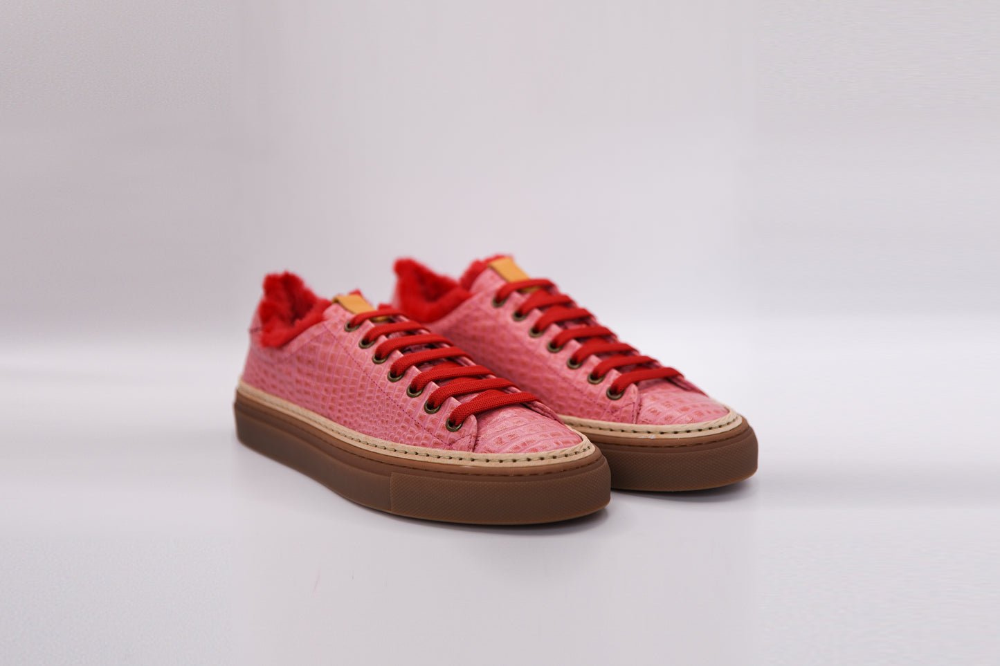 Women’s Pink Leather Sneakers with Red Eco-Fur