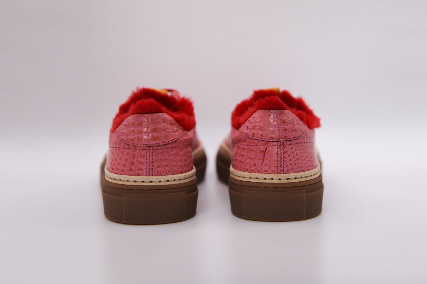 Women’s Pink Leather Sneakers with Red Eco-Fur