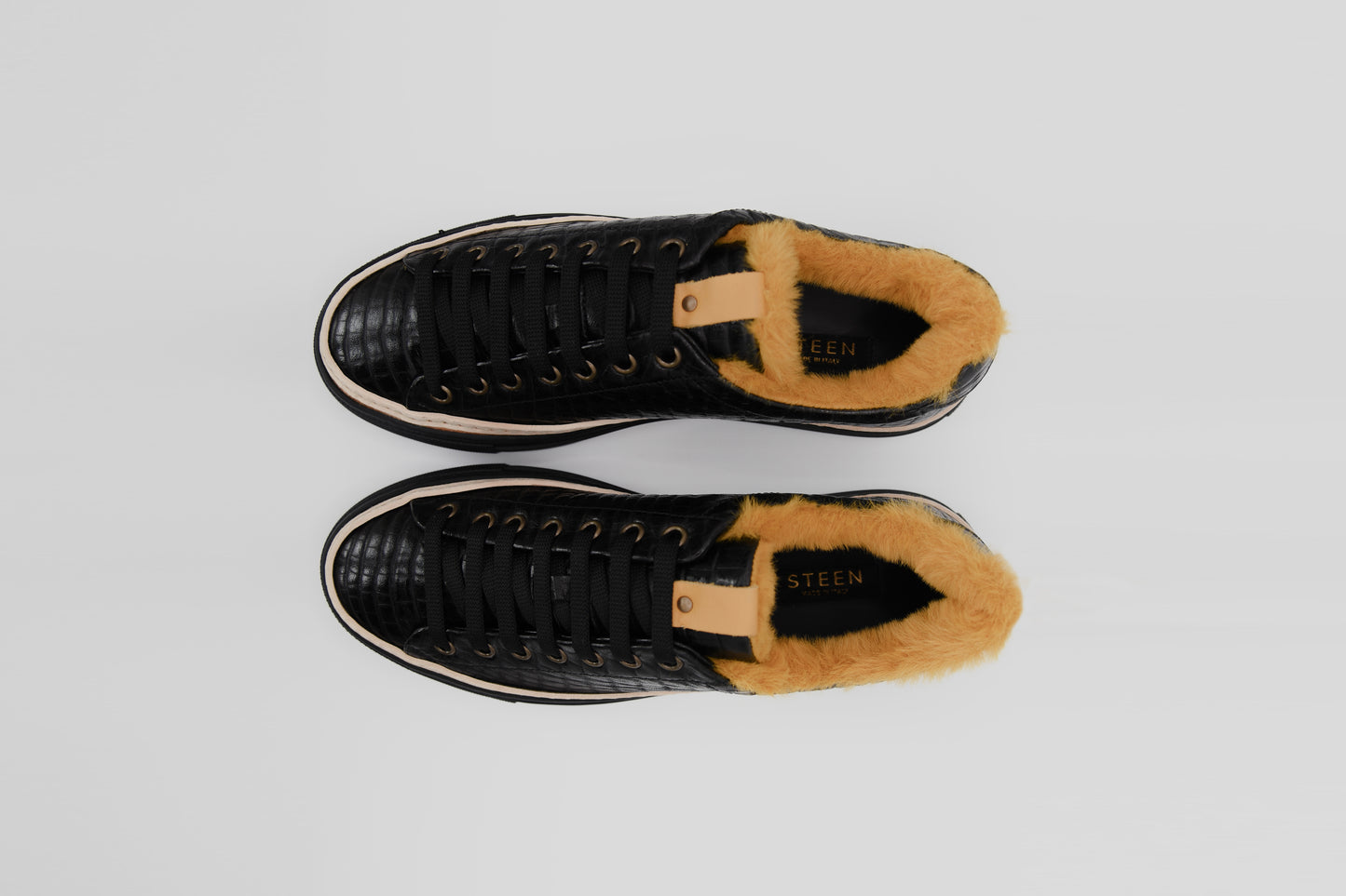 Men’s Black Leather Sneakers with Yellow Eco-Fur