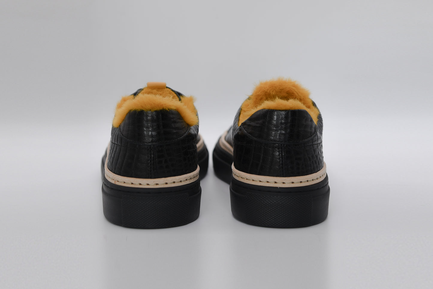 Women’s Black Leather Sneakers with Yellow Eco-Fur