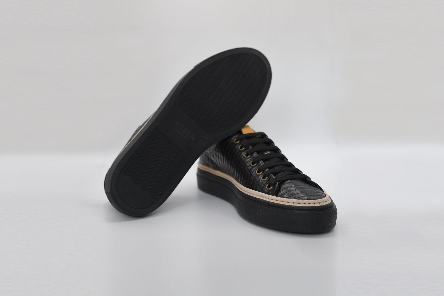 Women’s Black Leather Sneakers with Yellow Eco-Fur