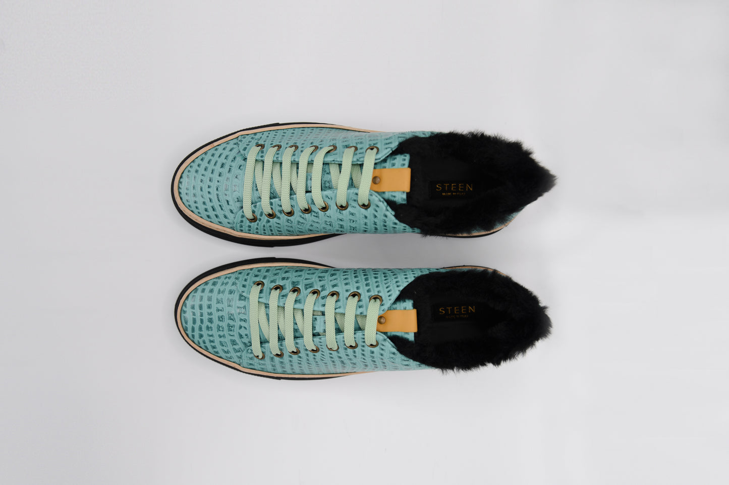 Men’s Mint Leather Sneakers with Black Eco-Fur