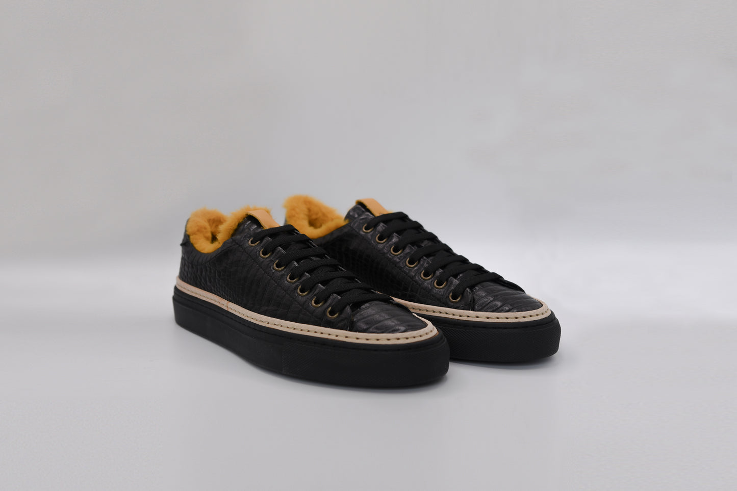 Women’s Black Leather Sneakers with Yellow Eco-Fur