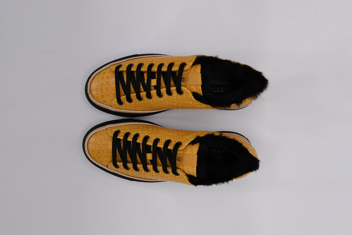 Men’s Yellow Leather Sneakers with Black Eco-Fur