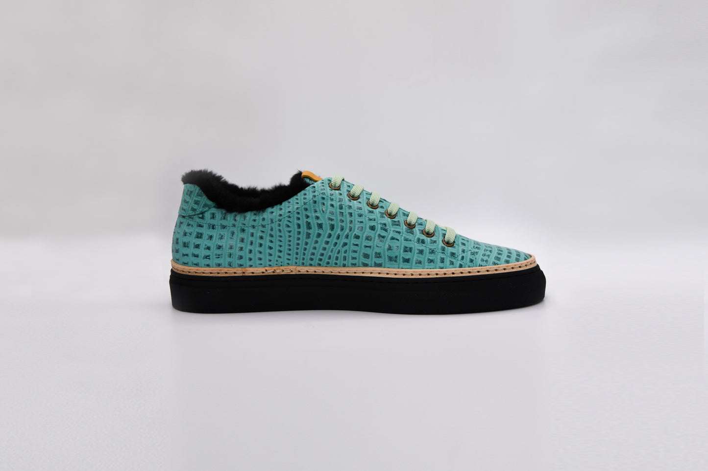 Men’s Mint Leather Sneakers with Black Eco-Fur