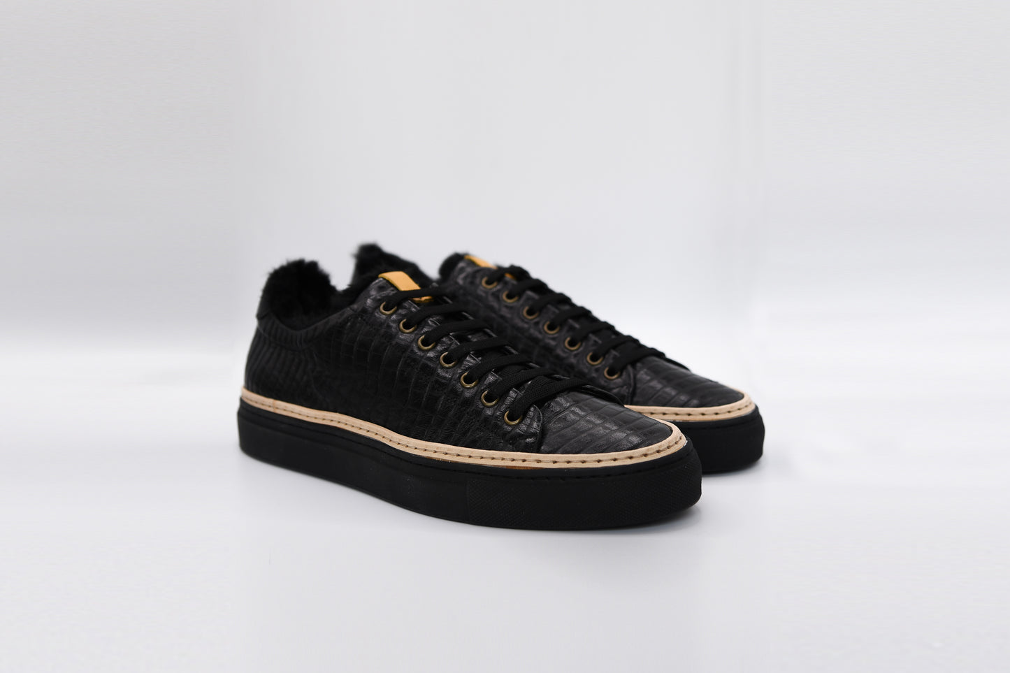 Men’s Black Leather Sneakers with Black Eco-Fur