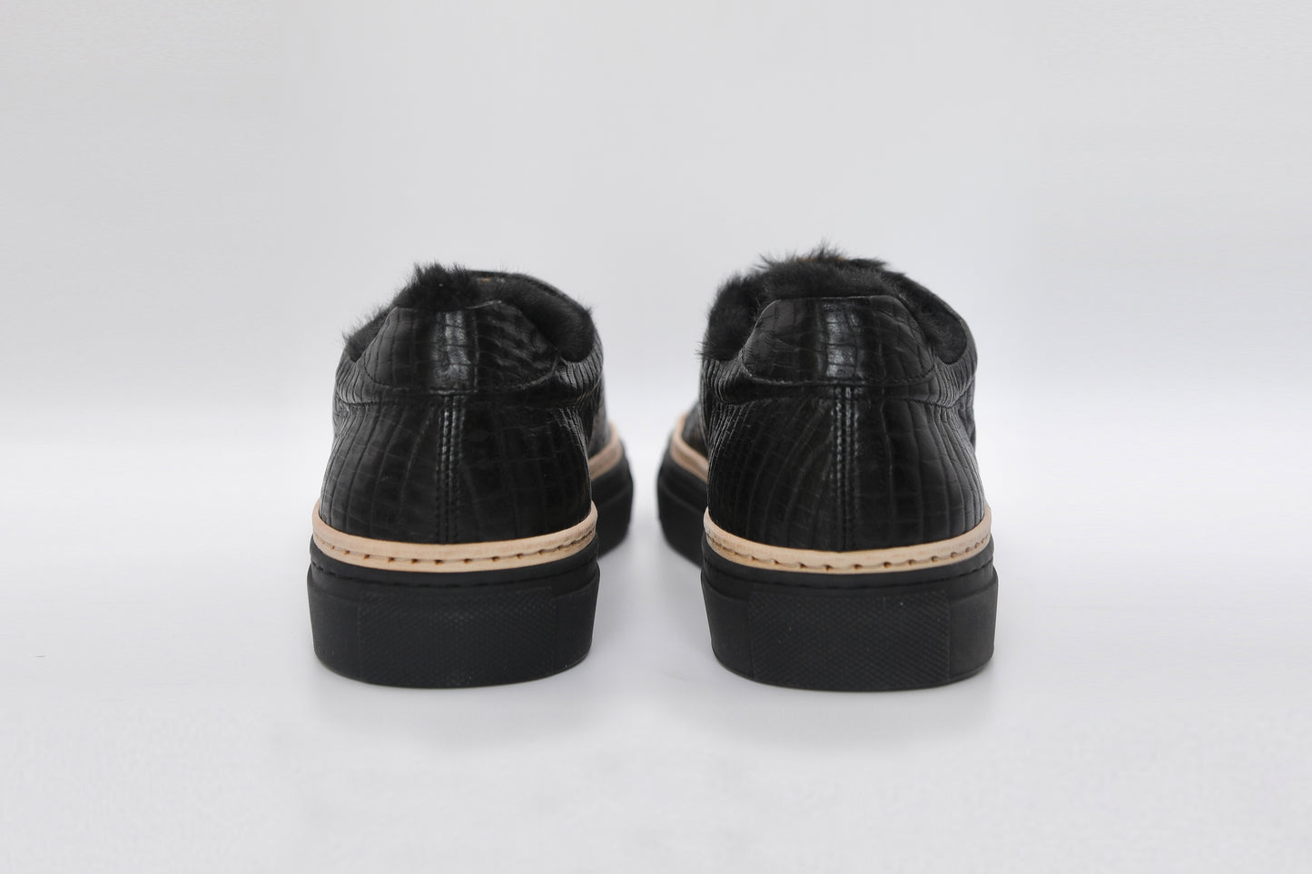 Men’s Black Leather Sneakers with Black Eco-Fur