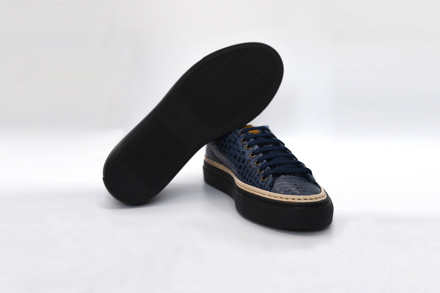 Men’s Navy Blue Leather Sneakers with Blue Eco-Fur