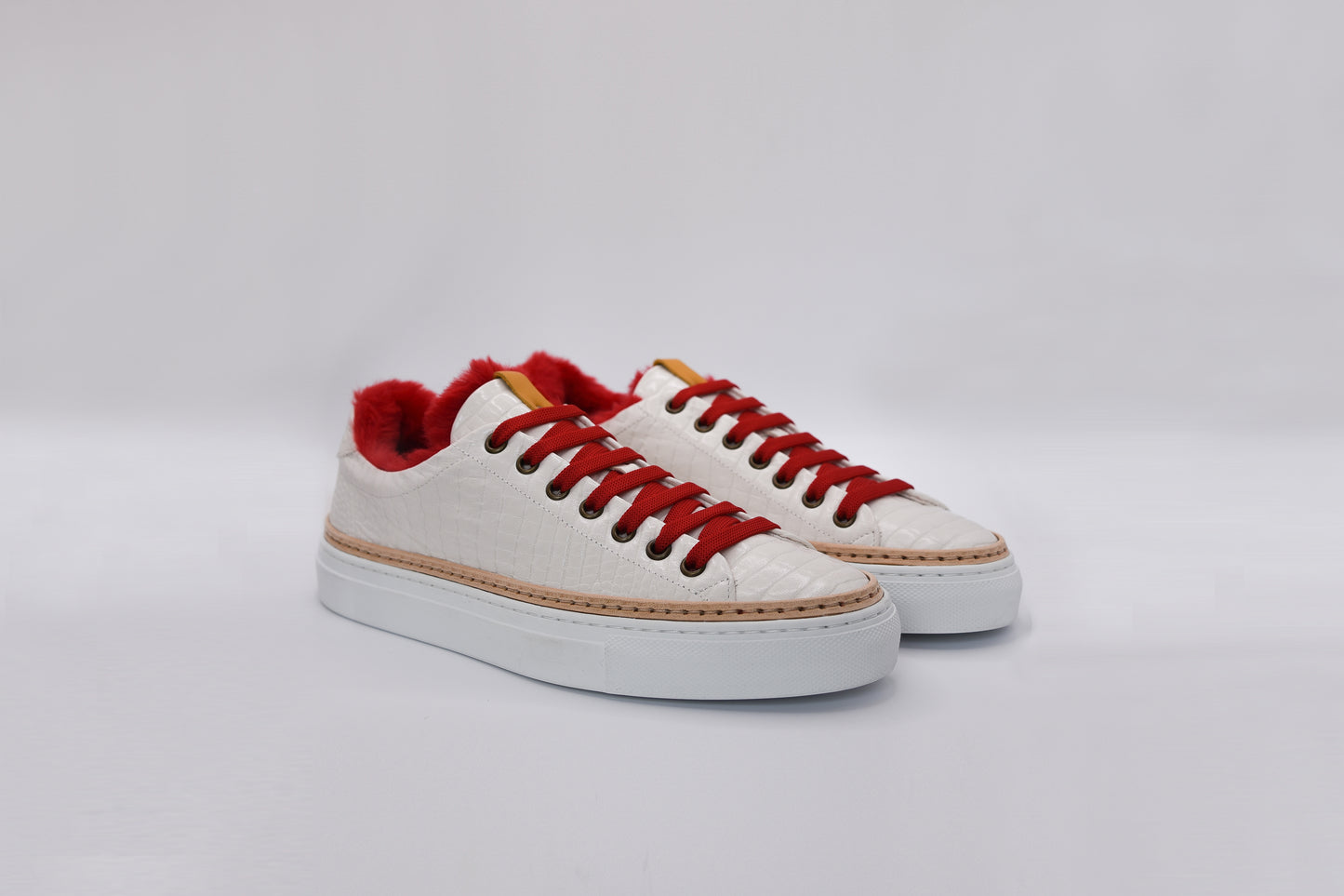 Women’s White Leather Sneakers with Red Eco-Fur