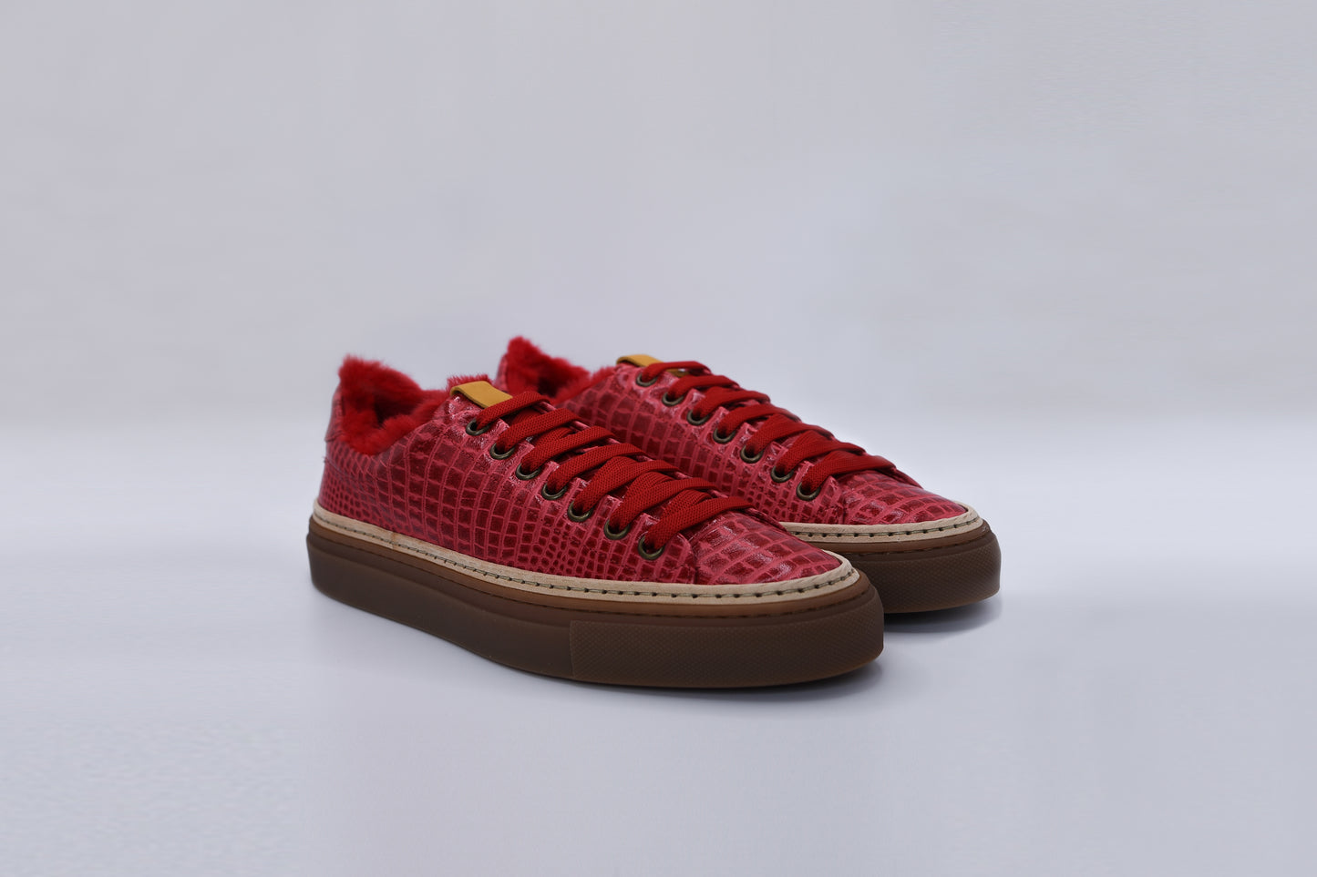 Women’s Red Leather Sneakers with Red Eco-Fur