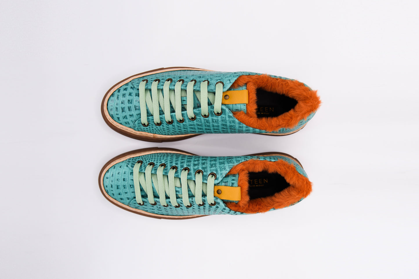 Women’s Mint Leather Sneakers with Tan Eco-Fur