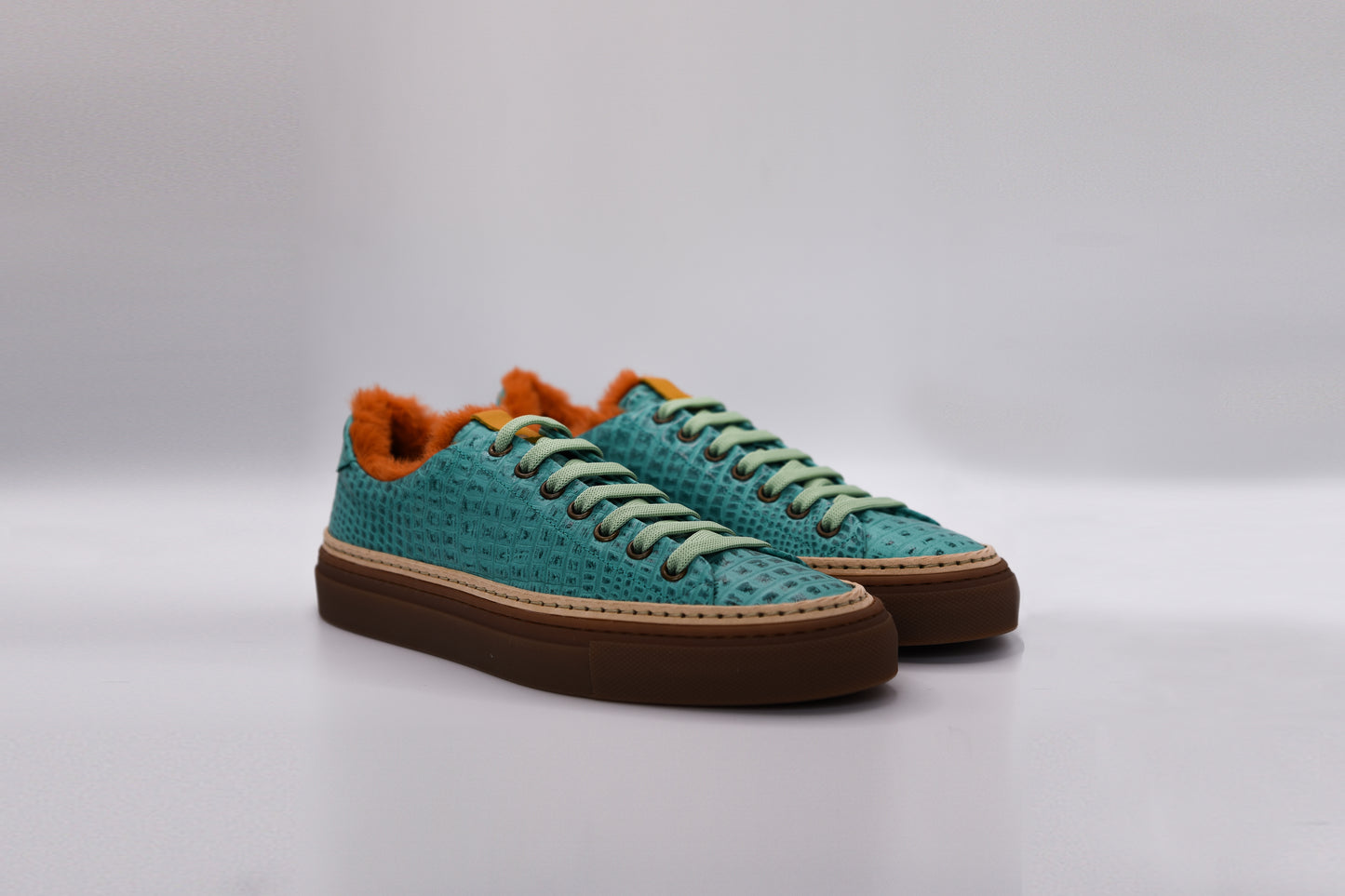 Women’s Mint Leather Sneakers with Tan Eco-Fur
