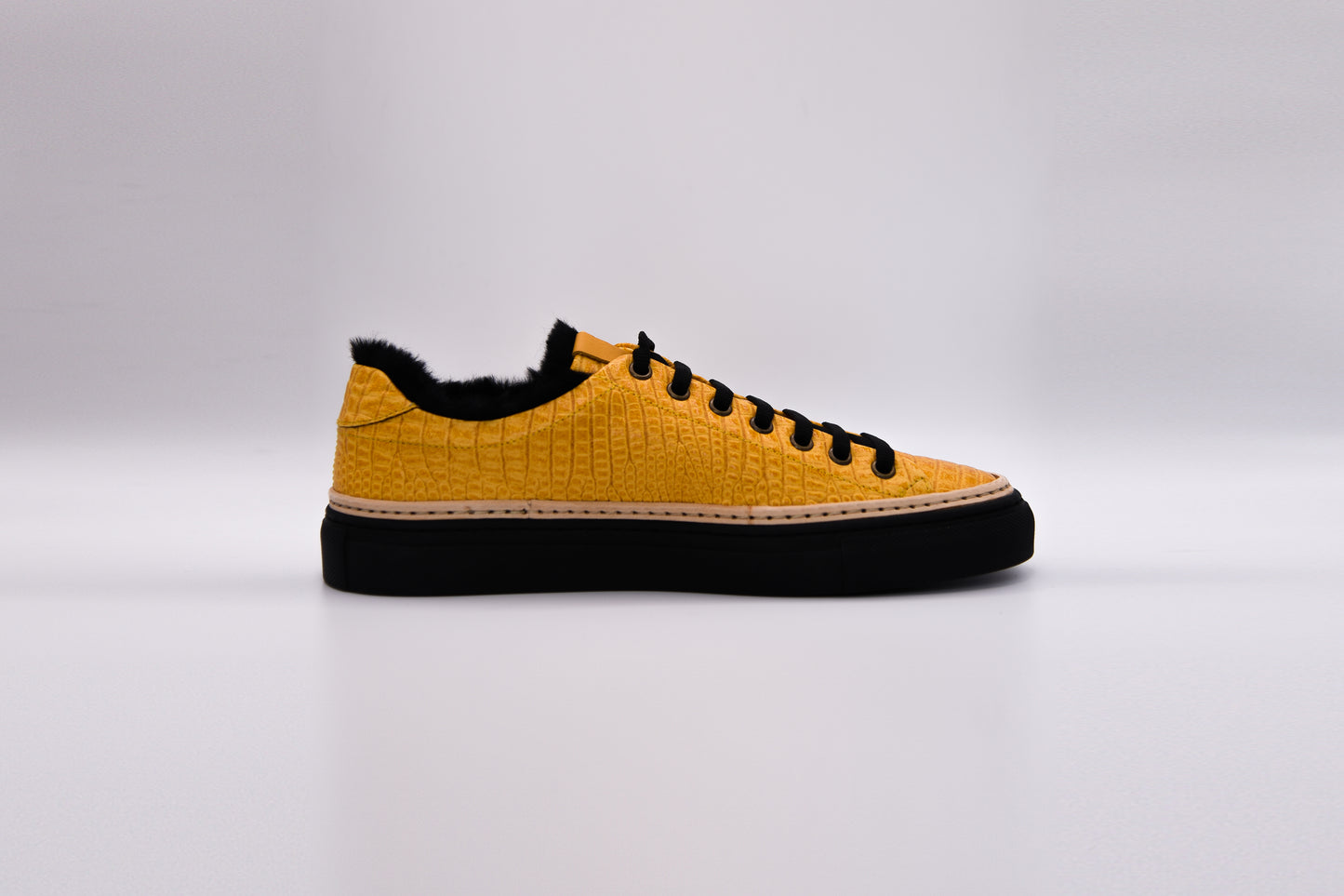 Women’s Yellow Leather Sneakers with Black Eco-Fur