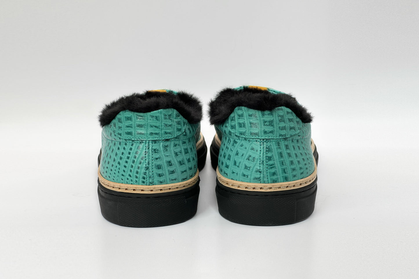 Men’s Mint Leather Sneakers with Black Eco-Fur