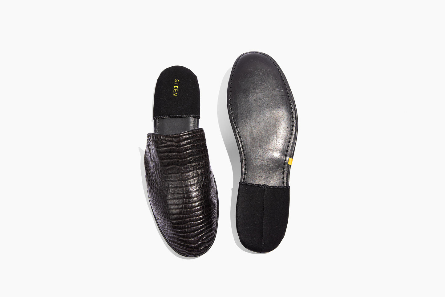 Luxury crocodile embossed leather. Foldable travel slipper. Handmade in Italy.
