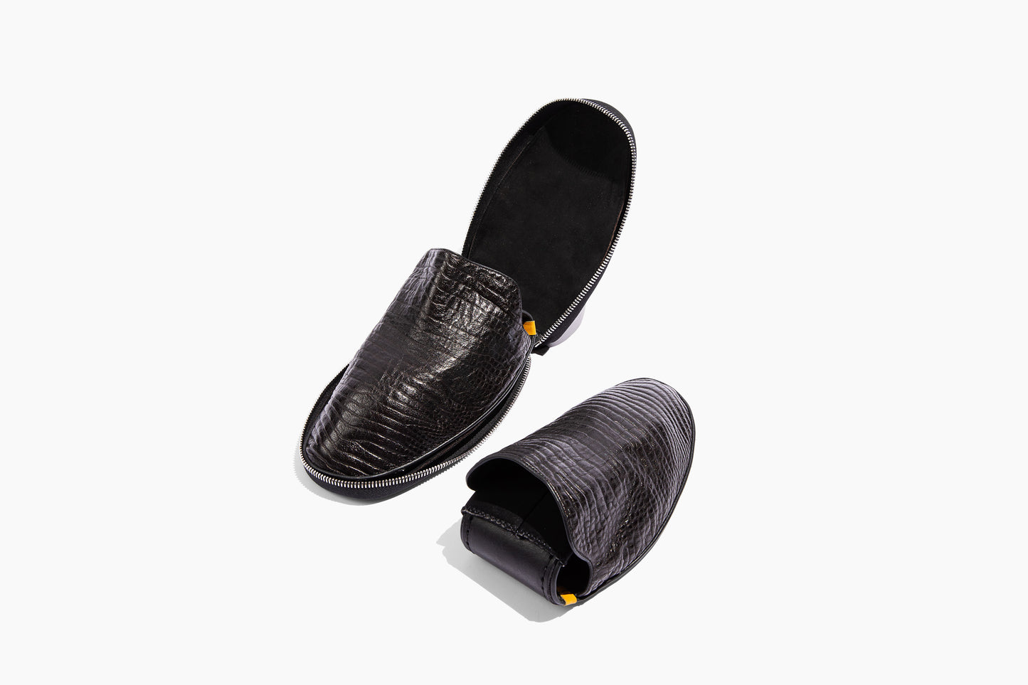 Luxury crocodile embossed leather. Foldable travel slipper. Handmade in Italy.
