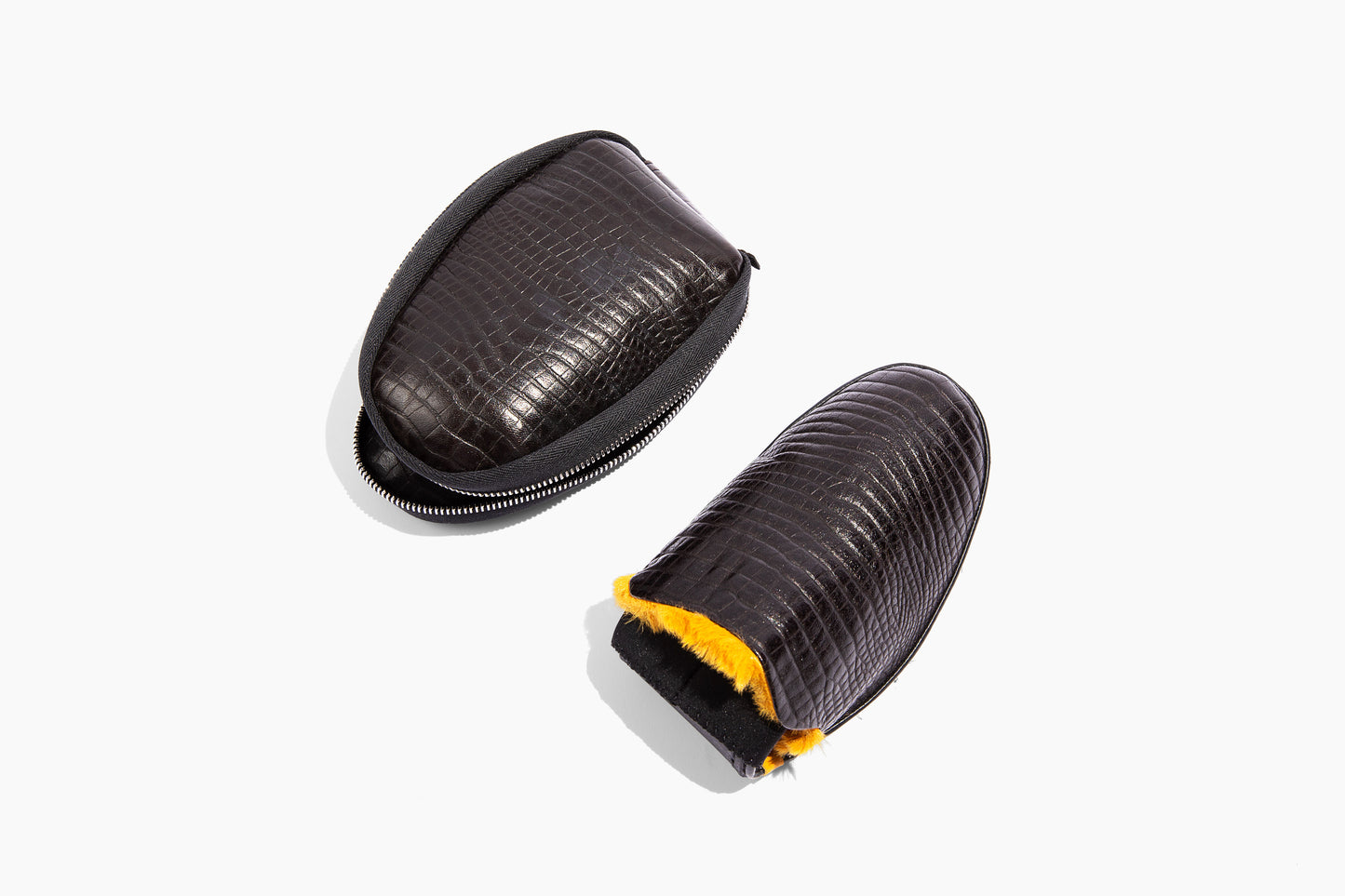 Luxury crocodile embossed leather. Yellow Eco-fur lining. Foldable travel slipper. Handmade in Italy.