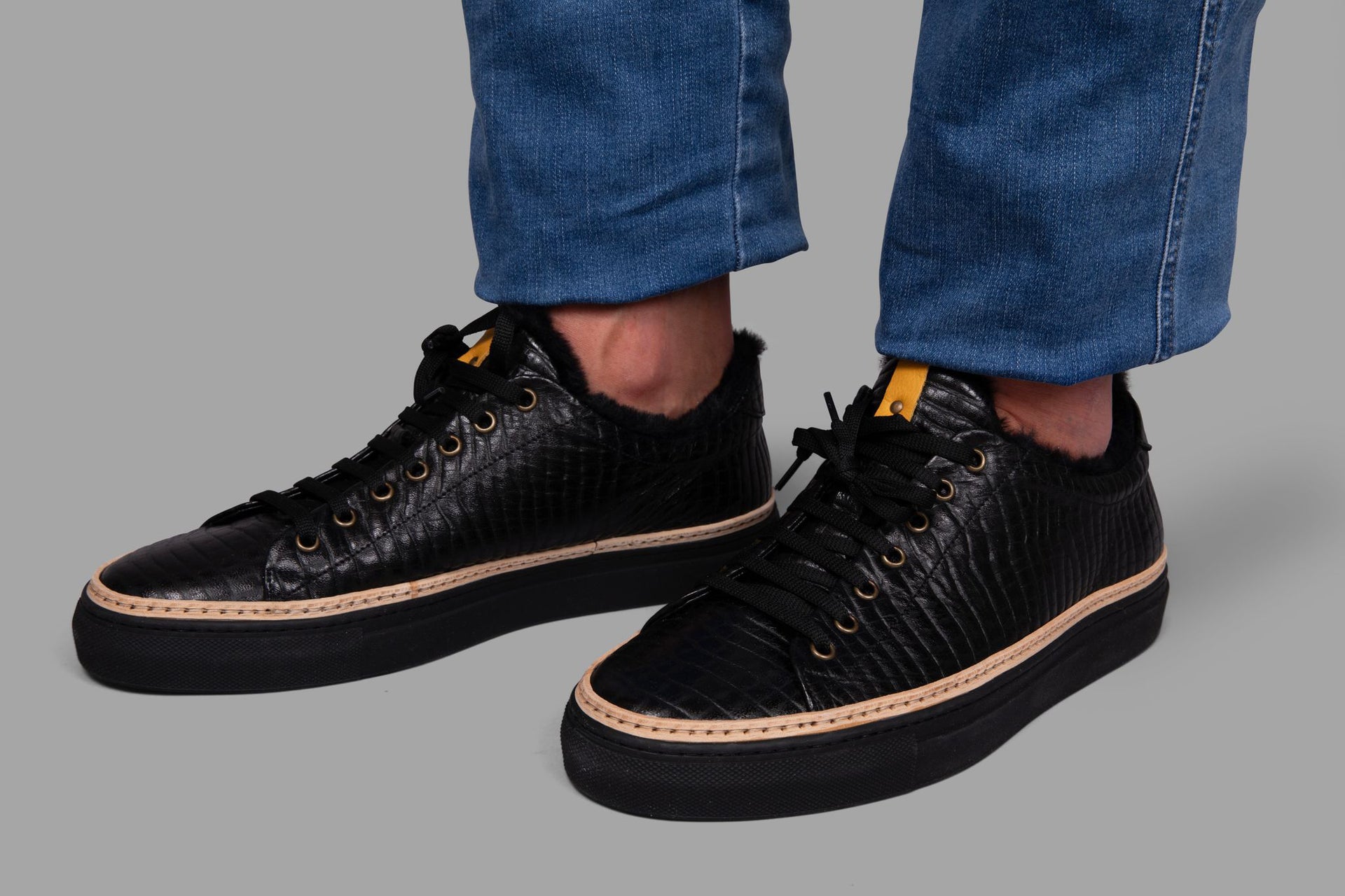 Men's Black Sneakers with Black Eco-Fur