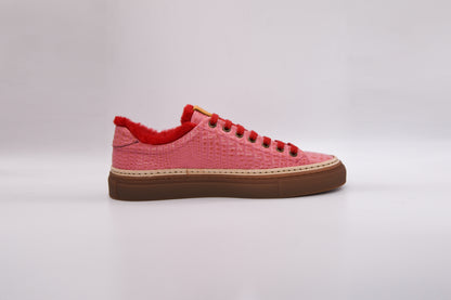 Women’s Pink Leather Sneakers with Red Eco-Fur