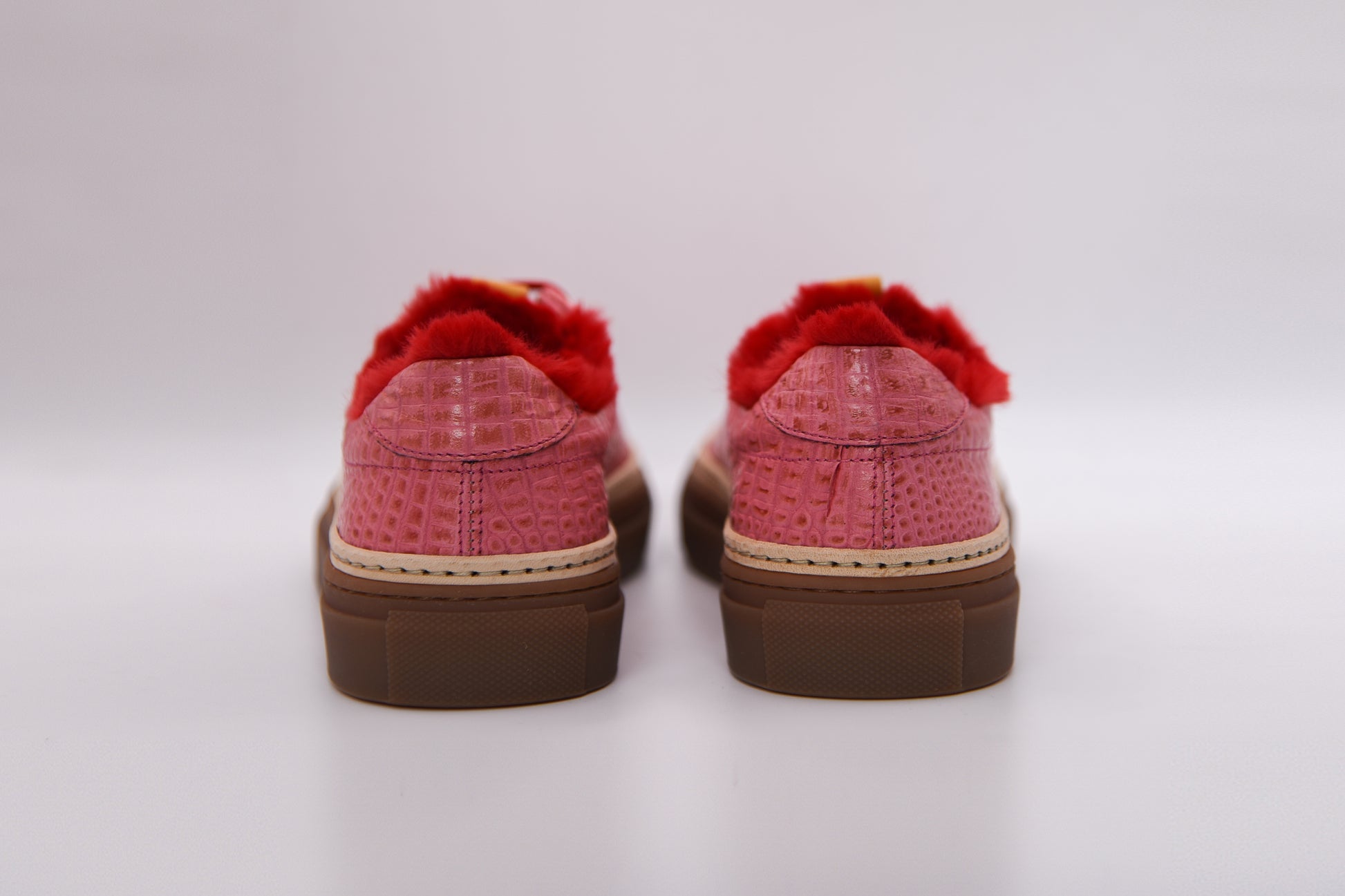 Women’s Pink Leather Sneakers with Red Eco-Fur