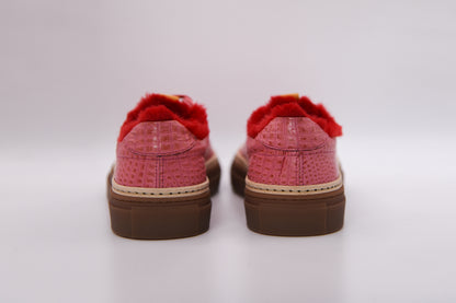 Women’s Pink Leather Sneakers with Red Eco-Fur