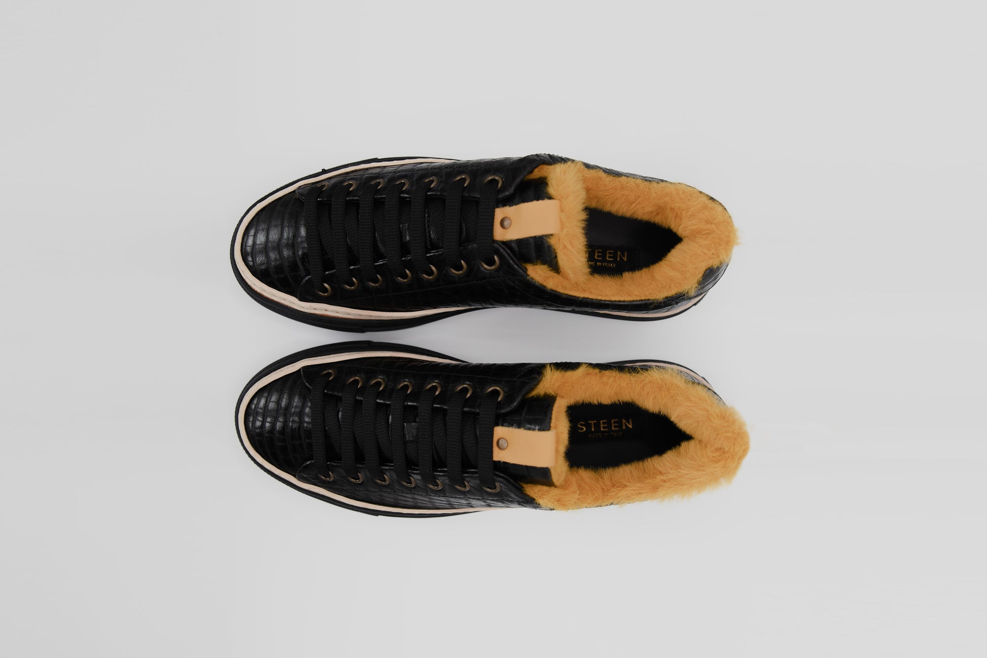Women’s Black Leather Sneakers with Yellow Eco-Fur