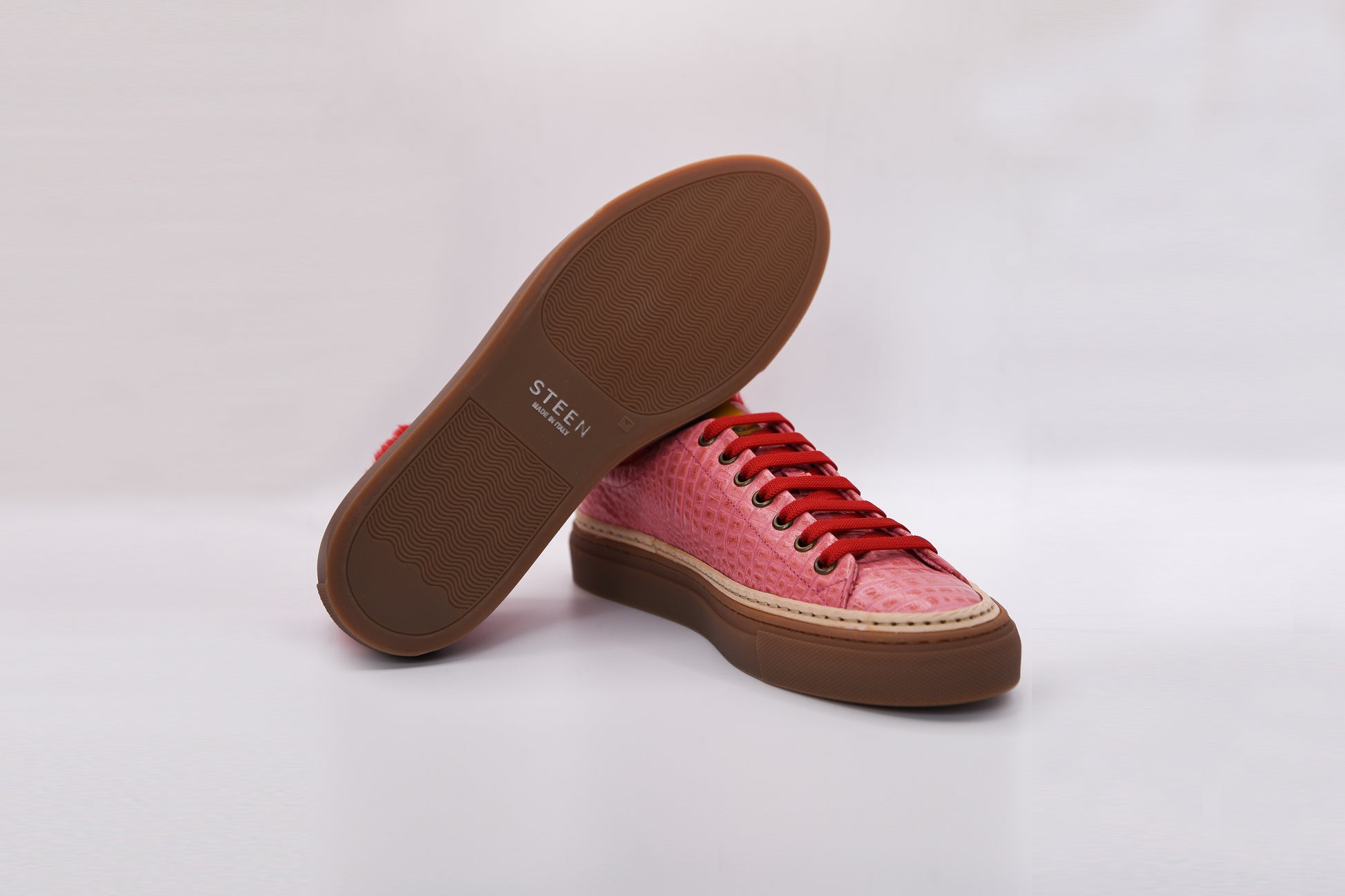 Women’s Pink Leather Sneakers with Red Eco-Fur