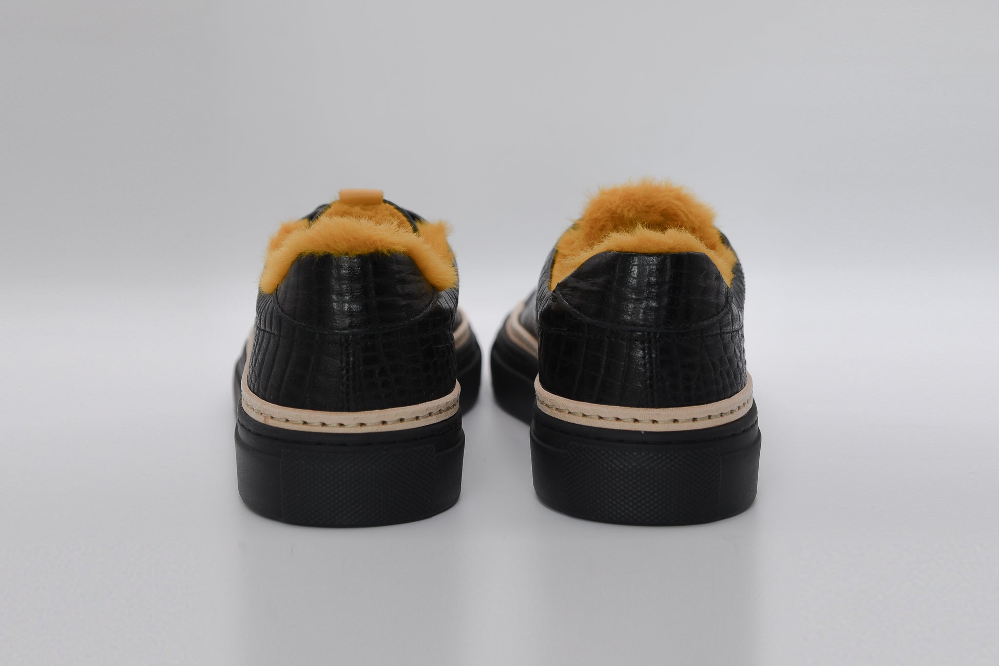 Women’s Black Leather Sneakers with Yellow Eco-Fur