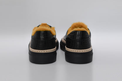 Women’s Black Leather Sneakers with Yellow Eco-Fur
