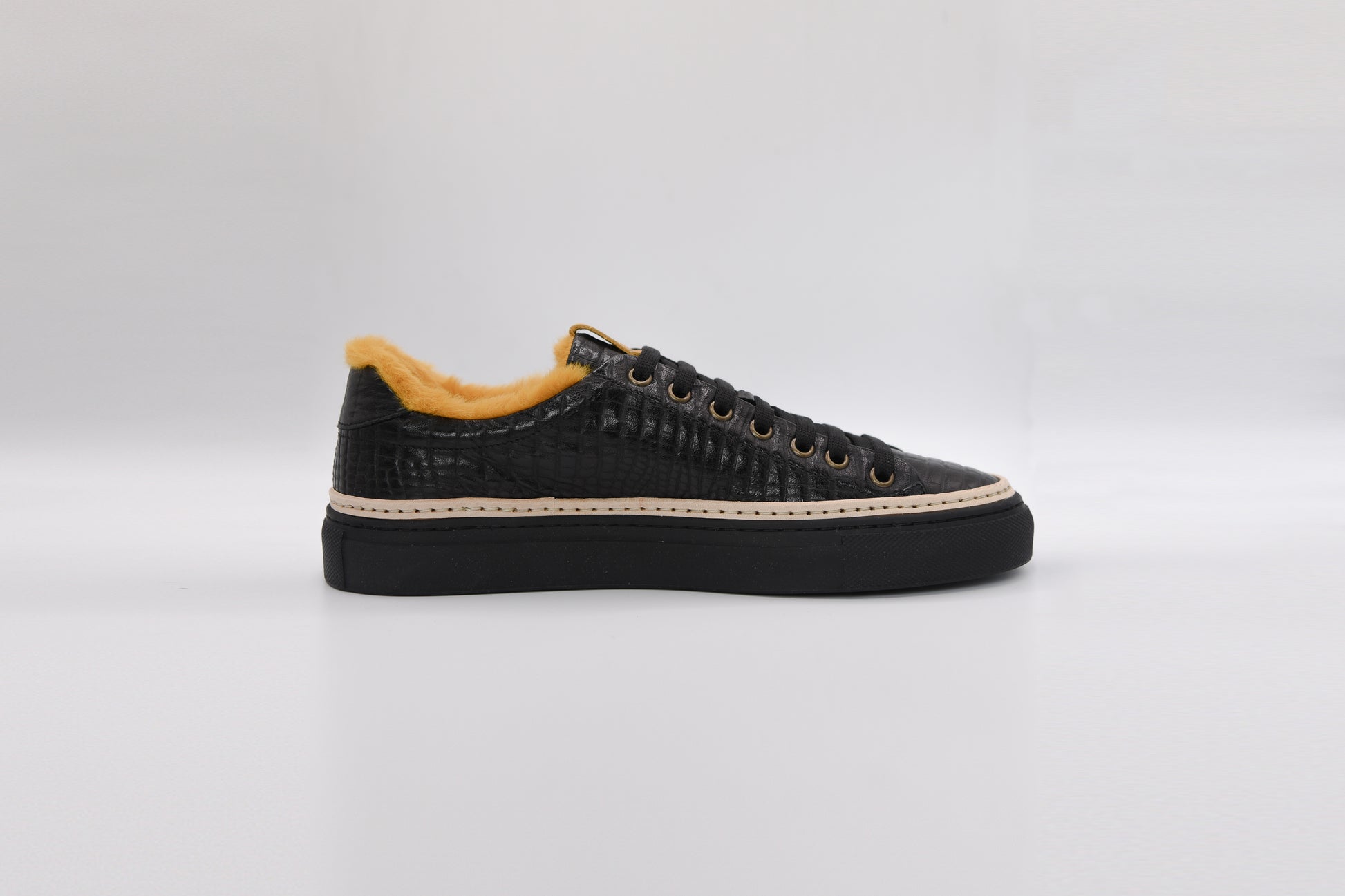 Women’s Black Leather Sneakers with Yellow Eco-Fur