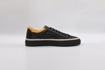 Women’s Black Leather Sneakers with Yellow Eco-Fur