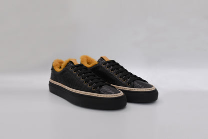 Men’s Black Leather Sneakers with Yellow Eco-Fur