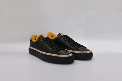 Women’s Black Leather Sneakers with Yellow Eco-Fur