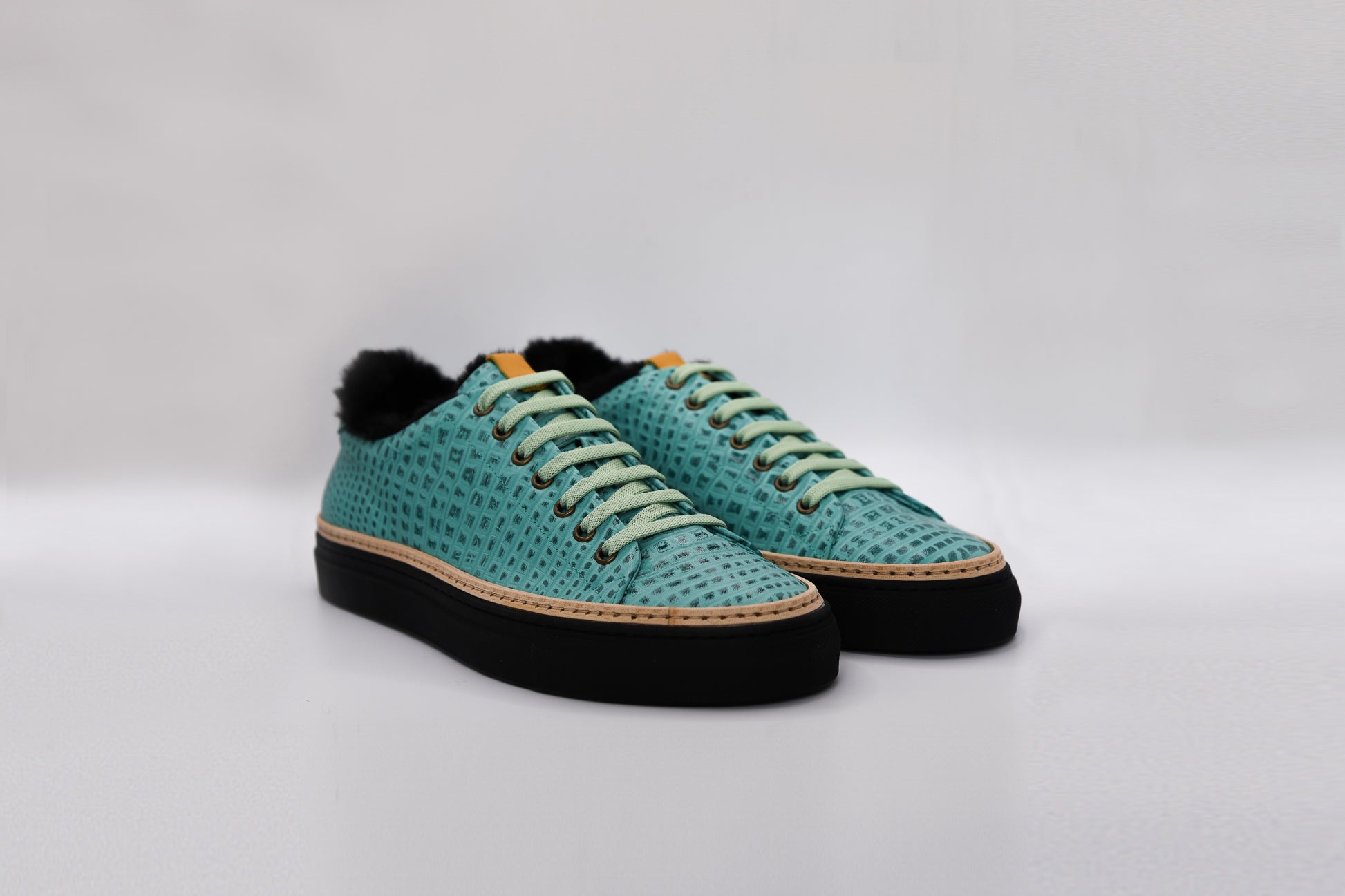 Men’s Mint Leather Sneakers with Black Eco-Fur