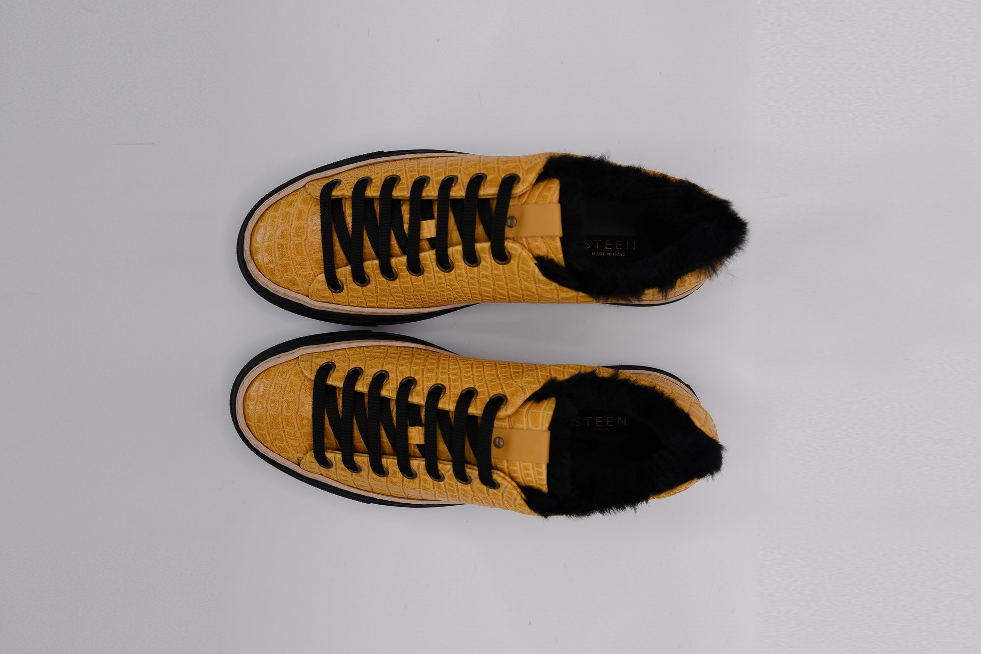Women’s Yellow Leather Sneakers with Black Eco-Fur
