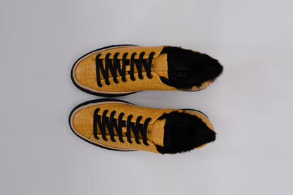 Women’s Yellow Leather Sneakers with Black Eco-Fur