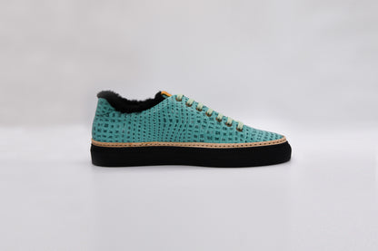 Men’s Mint Leather Sneakers with Black Eco-Fur