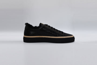 Men’s Black Leather Sneakers with Black Eco-Fur