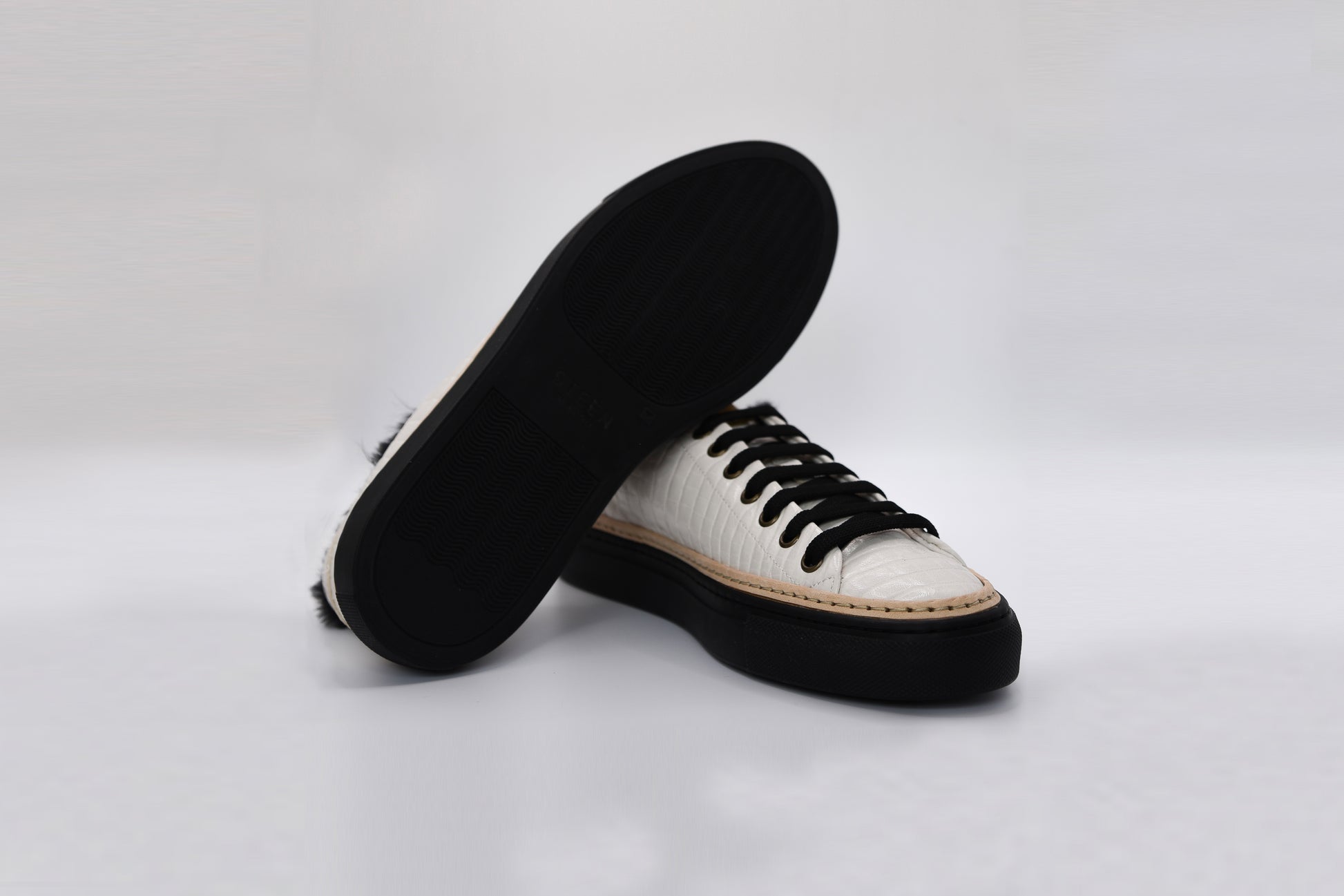 Women’s White Leather Sneakers with Black Eco-Fur
