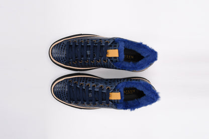 Women’s Navy Blue Leather Sneakers with Blue Eco-Fur
