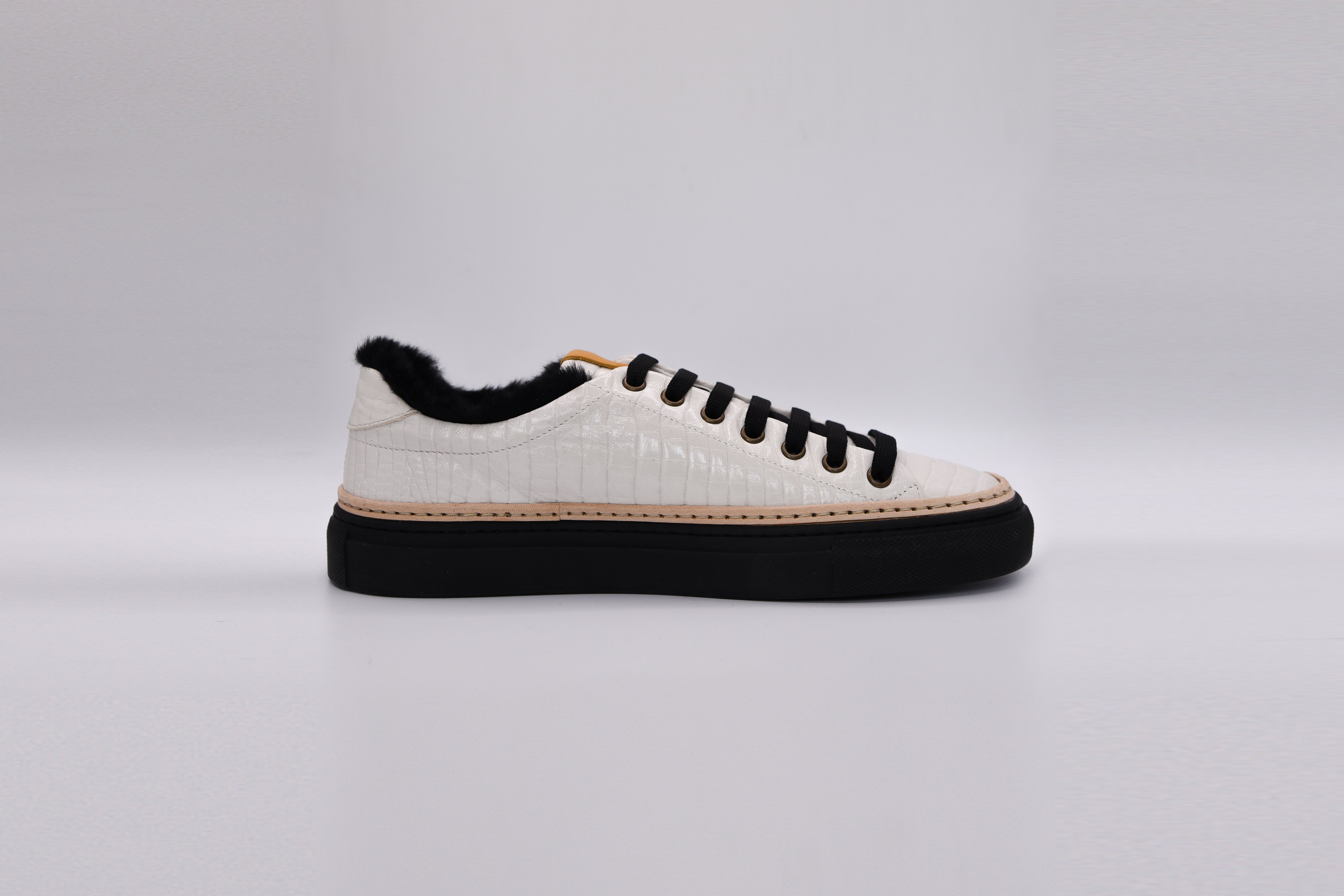 Women s White Sneakers with Black Eco Fur