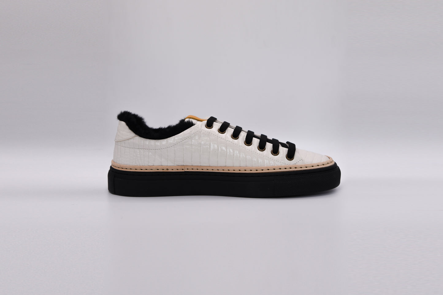 Women’s White Leather Sneakers with Black Eco-Fur