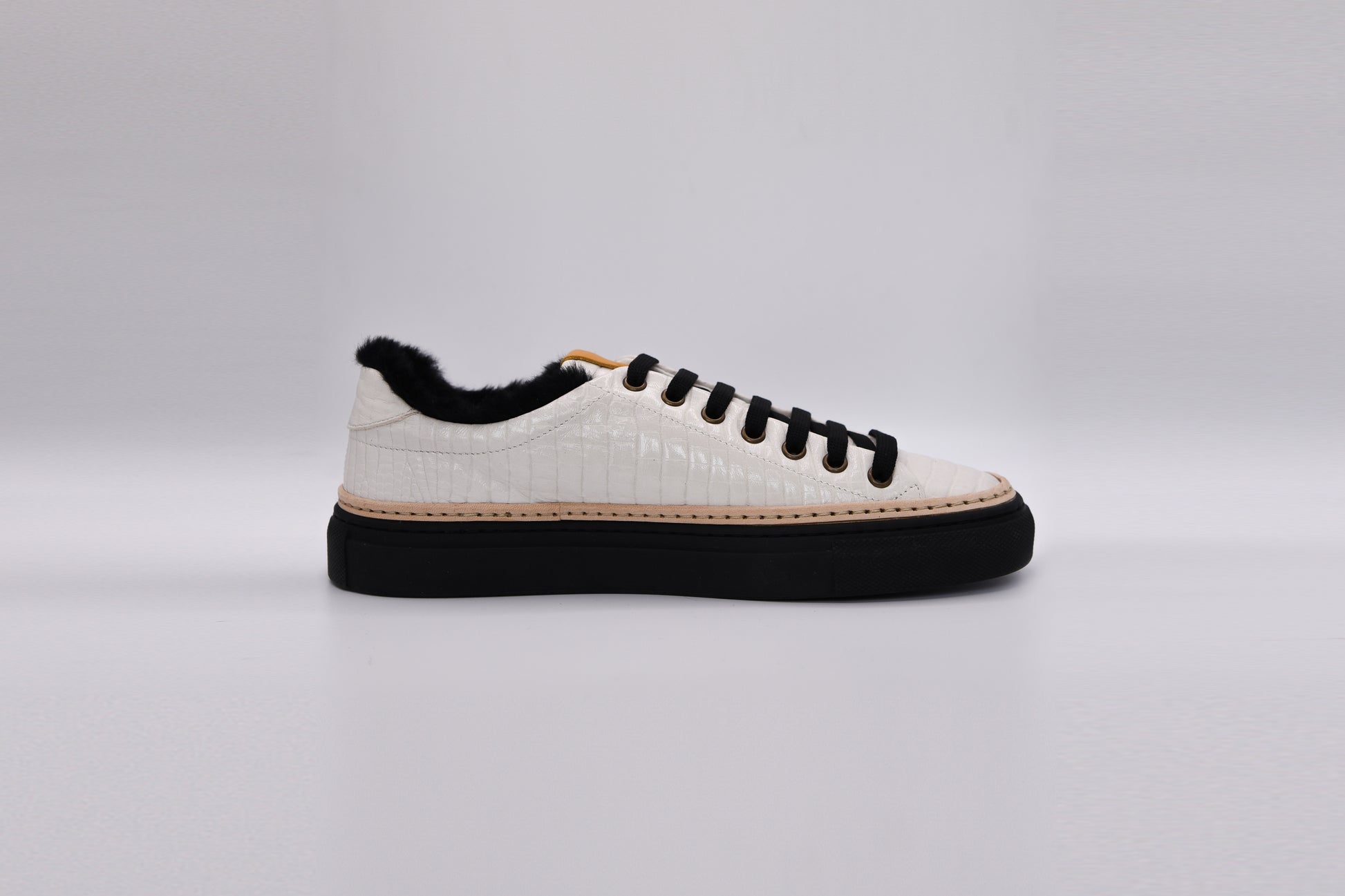 Women’s White Leather Sneakers with Black Eco-Fur