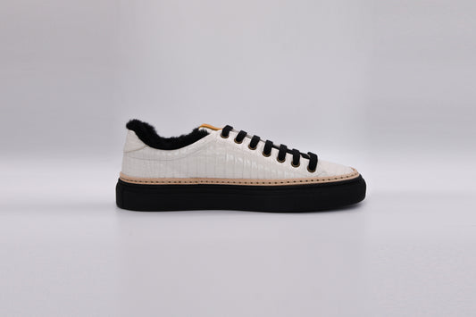 Women’s White Leather Sneakers with Black Eco-Fur