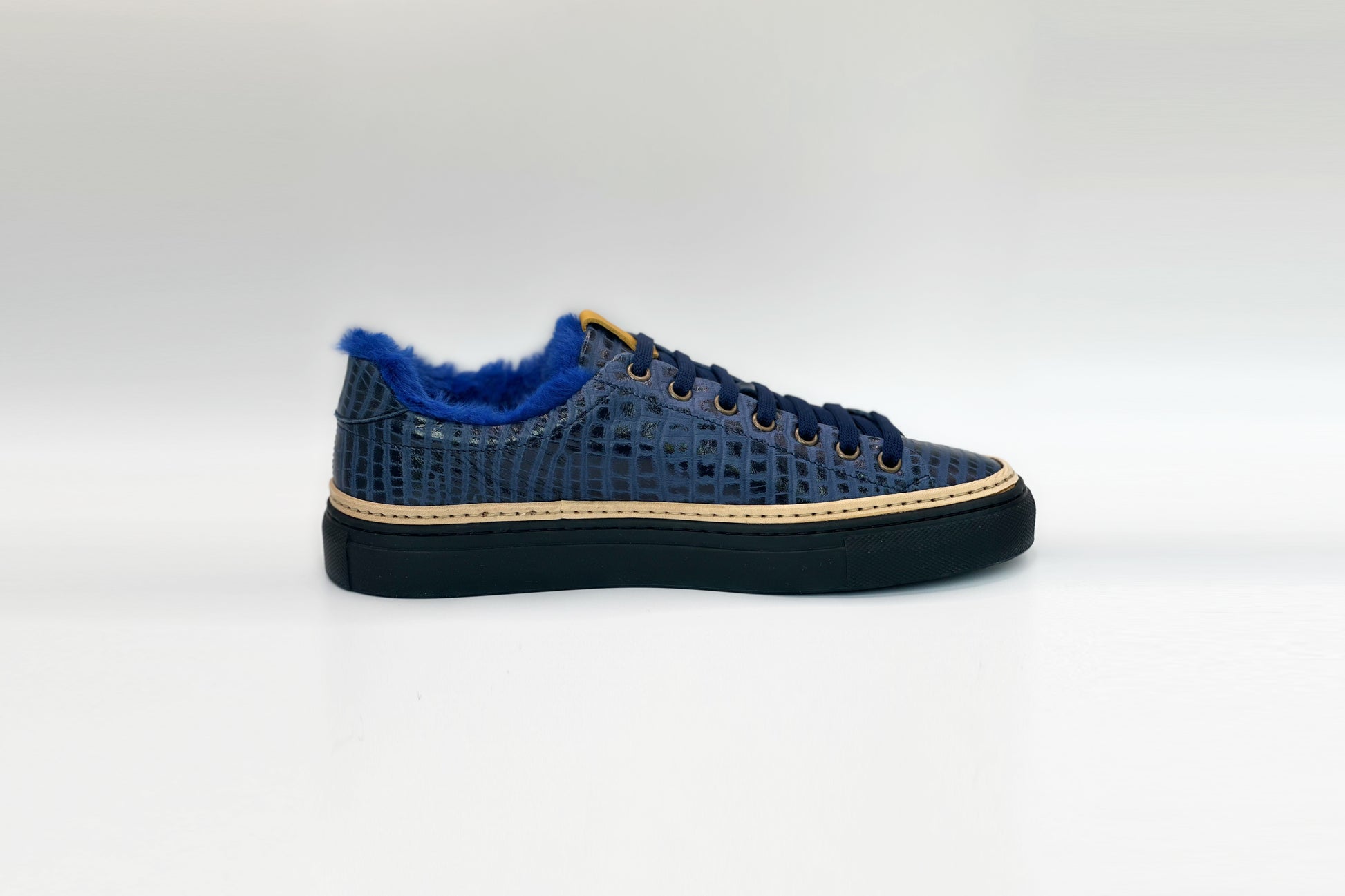 Women’s Navy Blue Leather Sneakers with Blue Eco-Fur