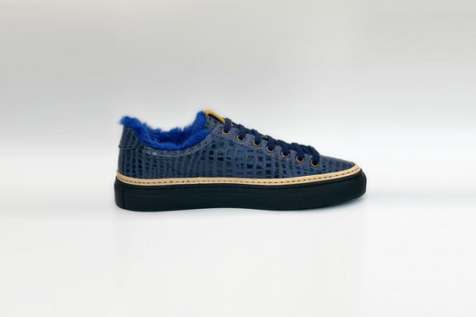 Women’s Navy Blue Leather Sneakers with Blue Eco-Fur