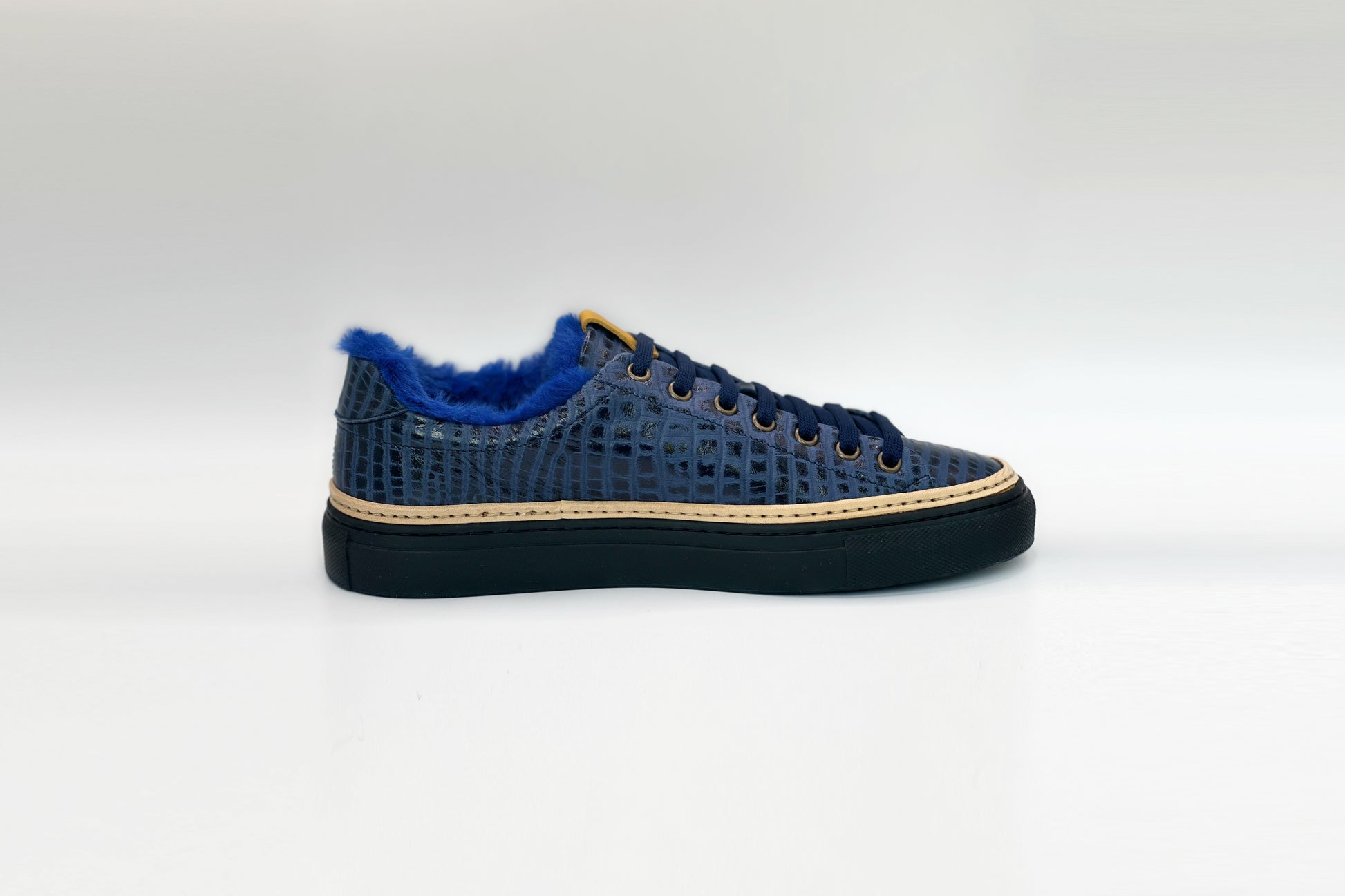Men’s Navy Blue Leather Sneakers with Blue Eco-Fur