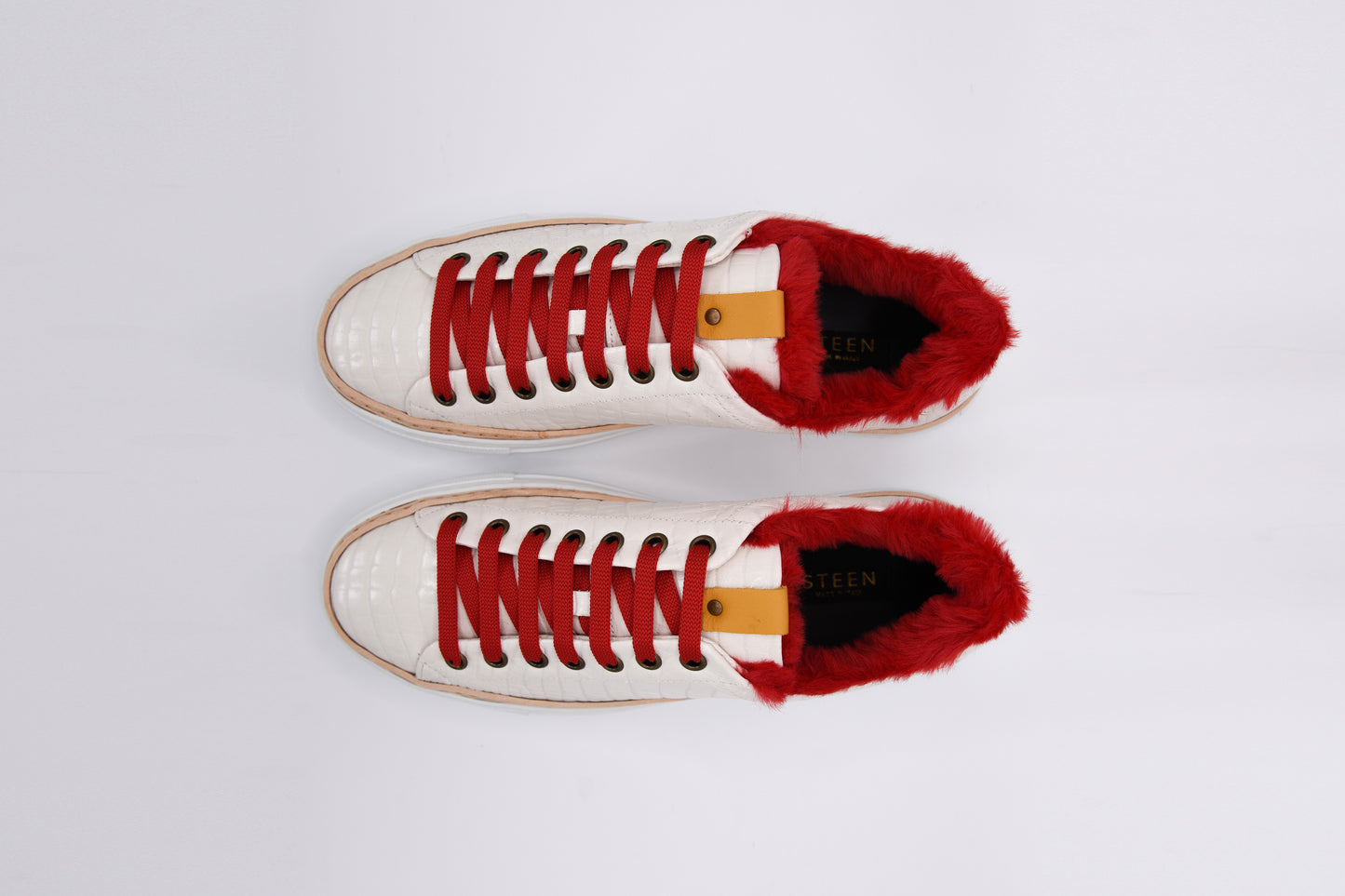 Women’s White Leather Sneakers with Red Eco-Fur