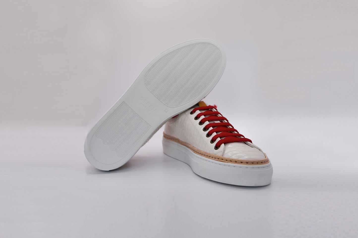 Women’s White Leather Sneakers with Red Eco-Fur